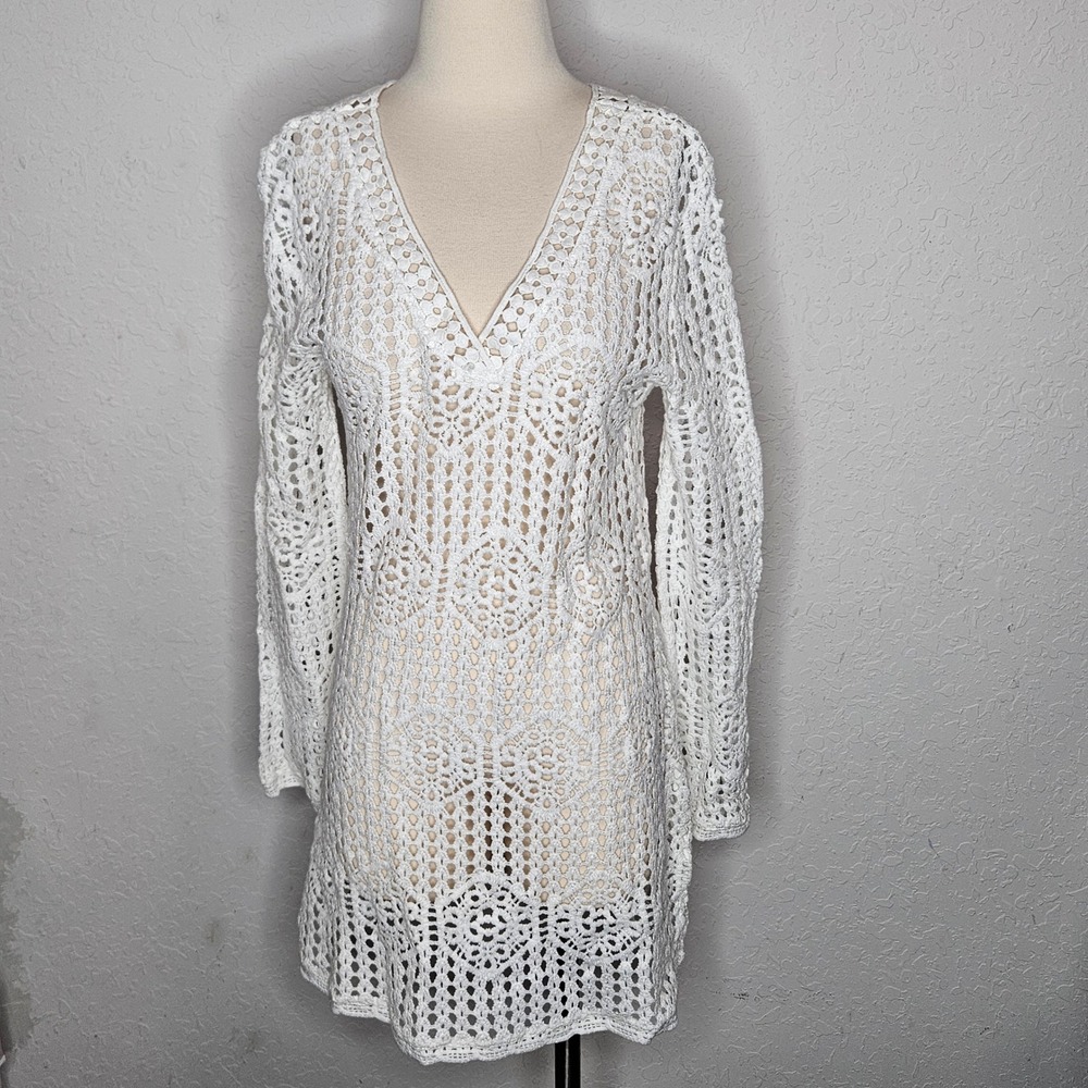 La Blanca White Crochet Lace V-Neck Long Sleeve Tunic Cover Up Dress S